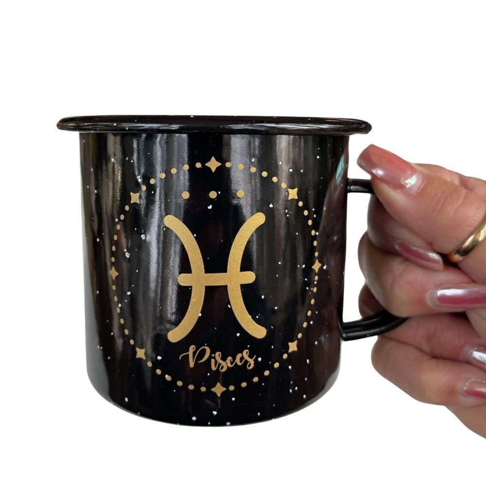 Pieces Astrology 18 oz Enamel Campfire Mug Zodiac Symbol Black White & Gold NWT